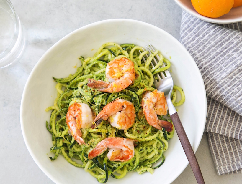 Zucchini Noodles with Avocado Pesto & Shrimp Karma Clinic